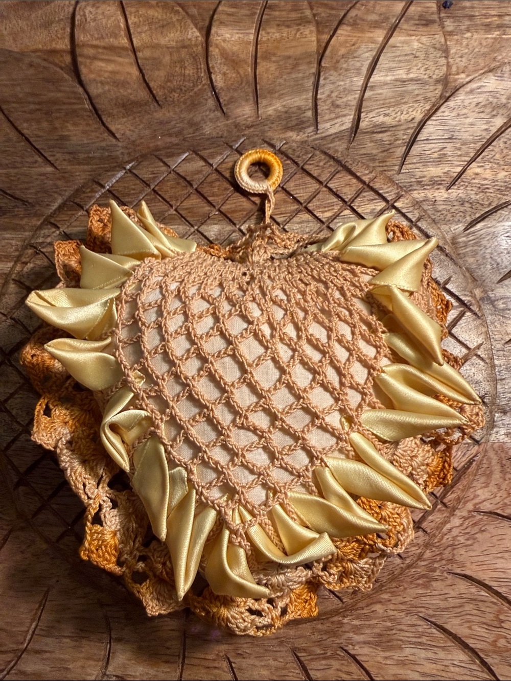 Handmade Golden Sunflower Crochet Wall Hanging - 1900’s Fiber Art